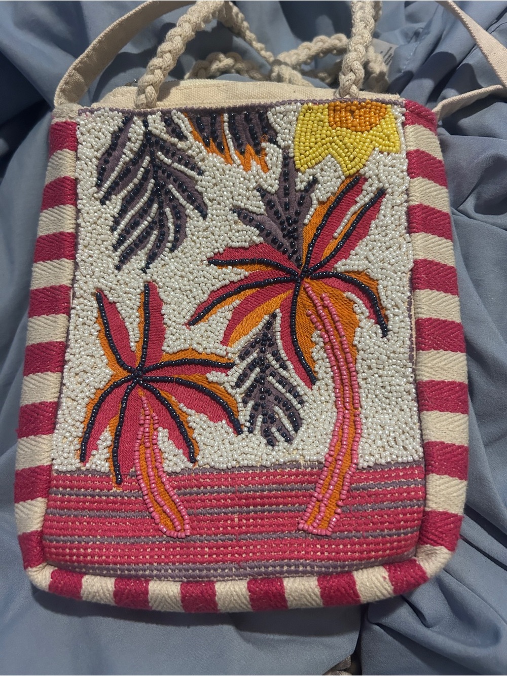 Beaded Tropical Palm Tote Bag - Pink & Cream - Picture 4 of 6